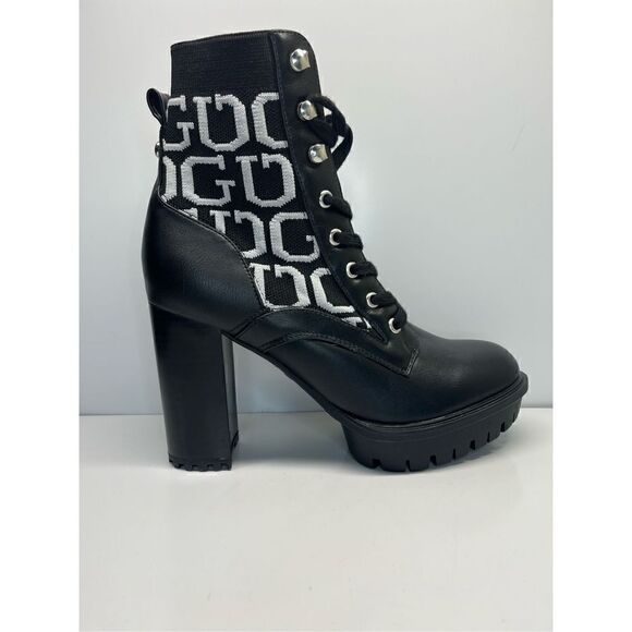 GUESS Grows-R Ankle Boots Knit Logo  Platform Black White WOMENS SIZE 8 - Picture 1 of 11